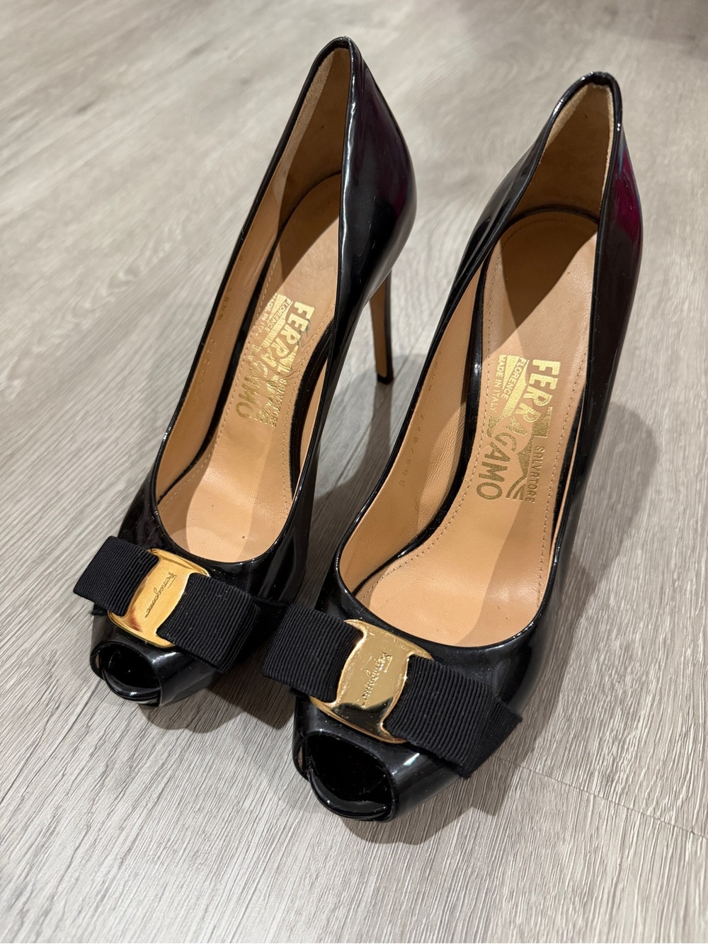 Salvatore Ferragamo Black Patent Peep-Toe Pumps